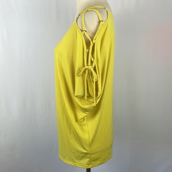 Express Yellow Short Sleeve Cold Shoulder Top w/Criss Cross Tie Sleeves - Size S - Picture 4 of 13